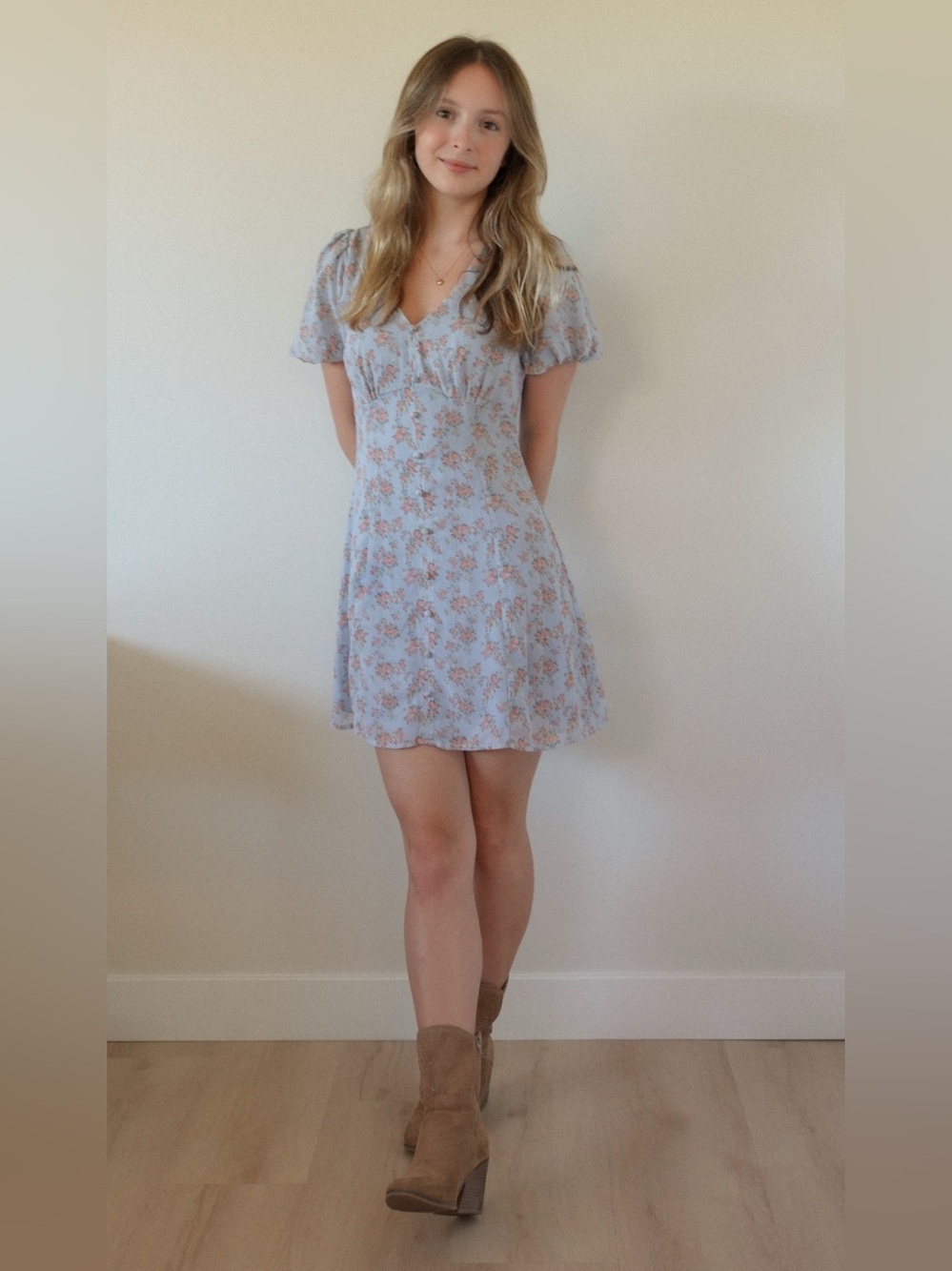 Lush Light Blue Floral V-Neck Mini Dress